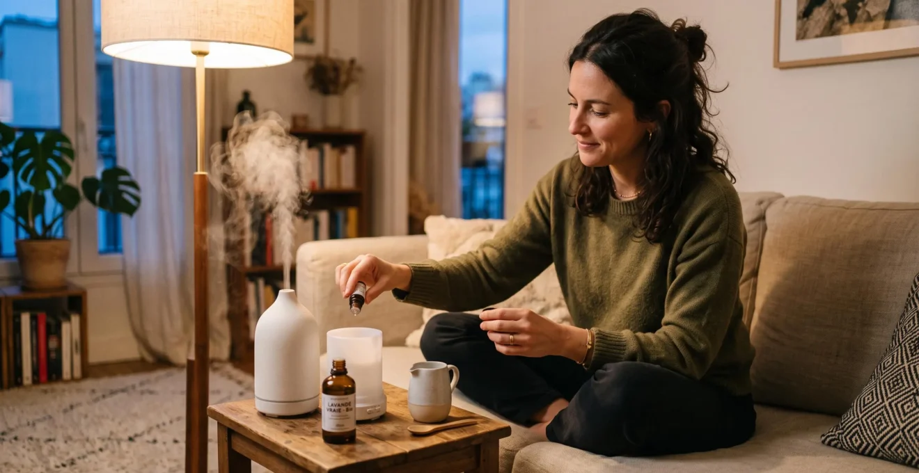 Une femme ajoute des gouttes d'huile essentielle de lavande dans un diffuseur ultrasonique blanc posé sur une table basse de son salon, le diffuseur émettant une fine brume visible