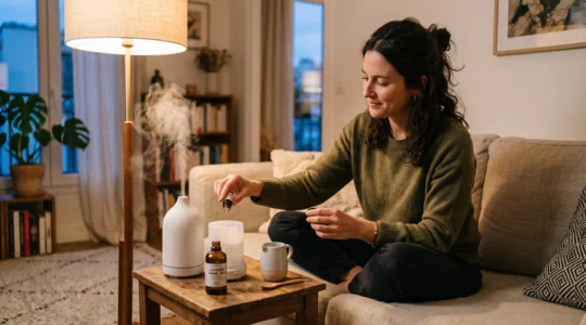Une femme ajoute des gouttes d'huile essentielle de lavande dans un diffuseur ultrasonique blanc posé sur une table basse de son salon, le diffuseur émettant une fine brume visible