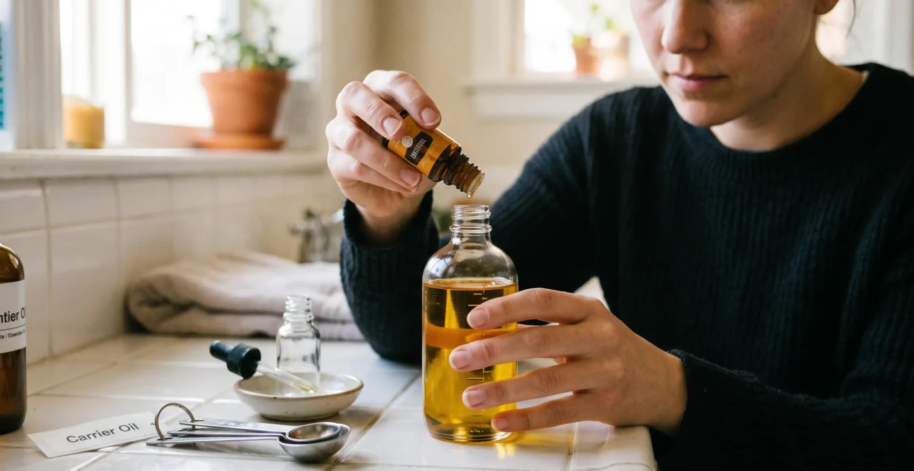 Des mains ajoutent avec précision des gouttes d'huile essentielle depuis un flacon ambré dans un flacon plus grand d'huile végétale dorée, sur un plan de travail avec compte-gouttes et cuillère doseuse